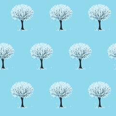 Hand drawn winter vector blooming tree made of snowflakes, seamless pattern