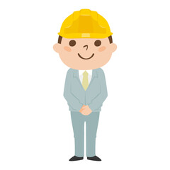 男性の建設業者のイラスト。作業着とヘルメットを着用して笑顔で立ってる若い男性。