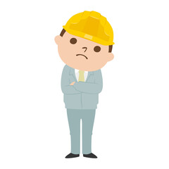 男性の建設業者のイラスト。作業着とヘルメットを着用してる若い男性。何かを考えてる様子。