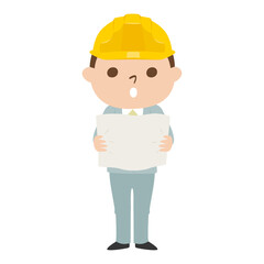 男性の建設業者のイラスト。作業着とヘルメットを着用してる若い男性。設計図を見て考えてる男性。