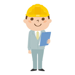 男性の建設業者のイラスト。作業着とヘルメットを着用してる若い男性。資料を持って立っている男性。