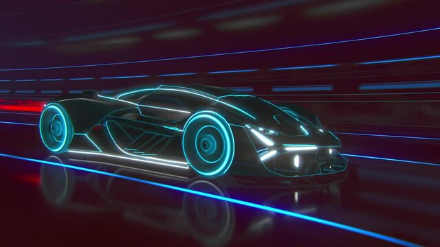 Black supercar made of blue lines driving fast on highway. Car model, detailed silhouette of sports car driving at high speed. Racing through the tunnel into the Light.