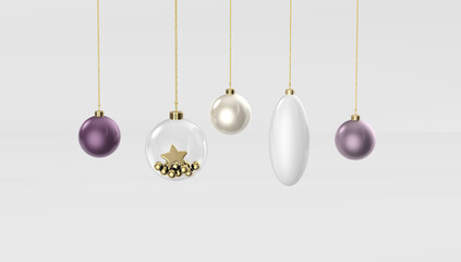 Fototapeta na wymiar shiny christmas balls hanging on a golden ribbon - 3D-illustration transparent with golden star purple and white