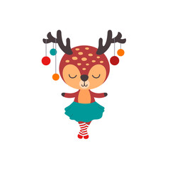 Reindeer girl Christmas character. Cute sweet little deer with Xmas festive ornaments on horns. Baby childish character dancing animal. Whimsical funny print for Christmas design. 
