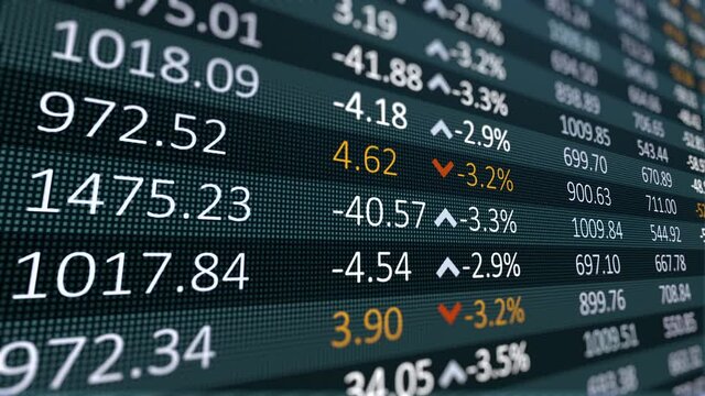 A digital table of stock market values, company indices are developing, growing and / or decreasing.