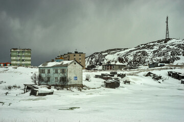 Snow landscape of the Russian village Teriberka