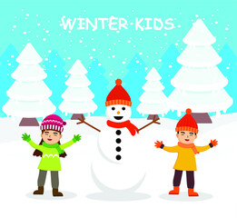 Winter kids in flat design