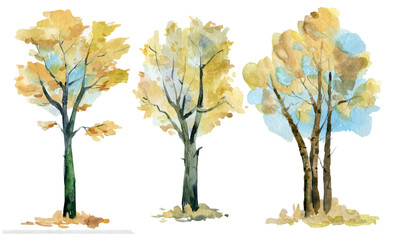 Three beautiful watercolor trees in autumn foliage