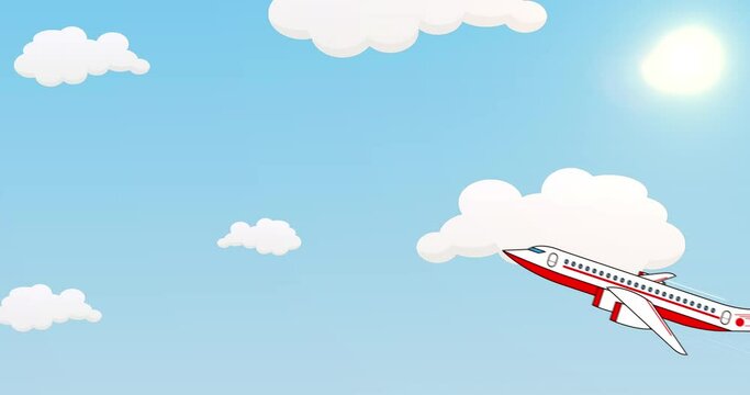Passengers airplane taking off in a blue sky with clouds a sunny day. Cartoon