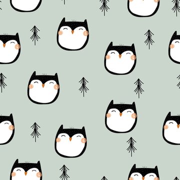 
Seamless pattern with cartoon owls, decor elements on a neutral background. Flat style colorful vector illustration for kids. hand drawing. baby design for fabric, textile, print, wrapper.
