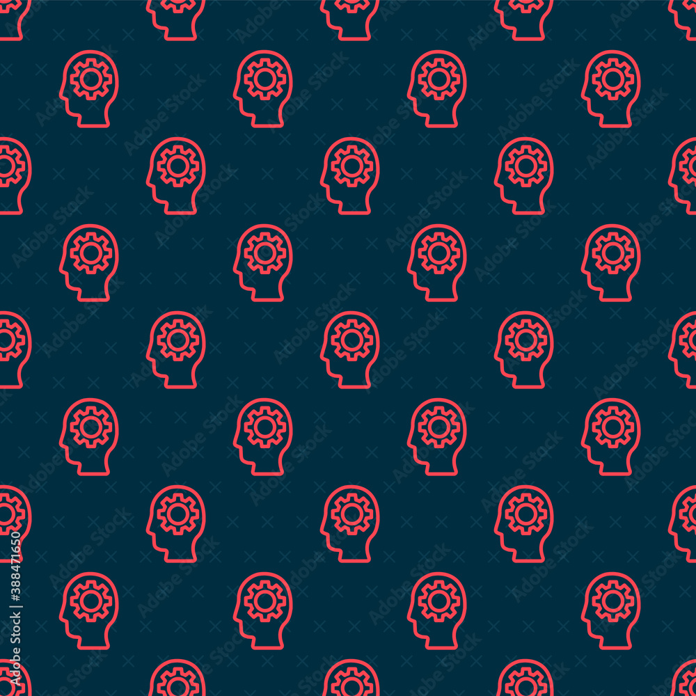 Poster Red line Human head with gear inside icon isolated seamless pattern on black background. Artificial intelligence. Thinking brain. Symbol work of brain. Vector.
