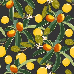 Cartoon style seamless pattern with Fortunella or Kumquat and lemon exotic fruits, flowers and leafs on black background for print, cloth texture or wallpaper.