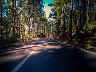Obraz premium Long asphalt road ground view and travel concept - mountain and sky landscape - outdoor road trip in scenic place background