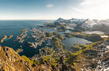 Svolvaer city in lofoten island located in north of norway behind the arctic circle. Panoramatic...