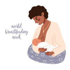 Black skin Mother feeding her newborn baby. Breastfeeding position. Afro woman feeds infant with breast. Breastfeeding week banner, happy mother's day clip art. Flat vector illustration set