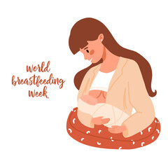 Mother feeding her newborn baby. Breastfeeding position with pillow. Woman feeds infant with breast. Breastfeeding week banner, happy mother's day clip art. Flat cartoon vector illustration