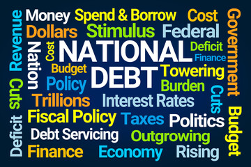 National Debt Word Cloud on Blue Background