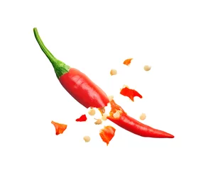 Fotobehang Chili Pepers Chili seed burst out from red chili pepper isolated on white background  © phive2015