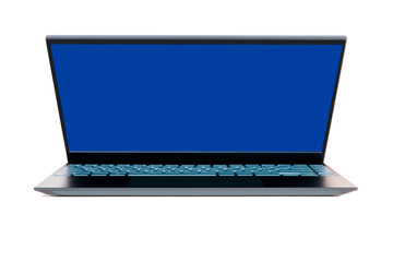 Beautiful modern laptop isolated on a white background. An open laptop with a blue screen in a black metal case. Free space for copying.