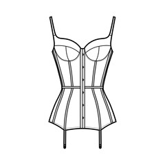 Corselette bustier Marry Widow lingerie technical fashion illustration with molded cup, back laced, attached garters. Flat brassiere template front white color style. Women unisex underwear CAD mockup