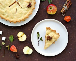 Sliced traditional round homemade American apple pie on a ceramic plate on a brown concrete...