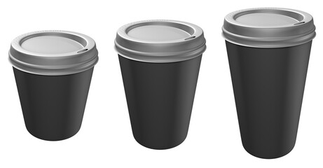 Tree different sized gray disposable coffe mugs, small - medium - large, isolated on white background. 3D illustration.