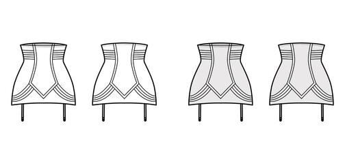 Girdle open bottom Vintage Look High Waist lingerie technical fashion illustration with attached garters. Flat template front, back white grey color style. Women men unisex underwear CAD mockup