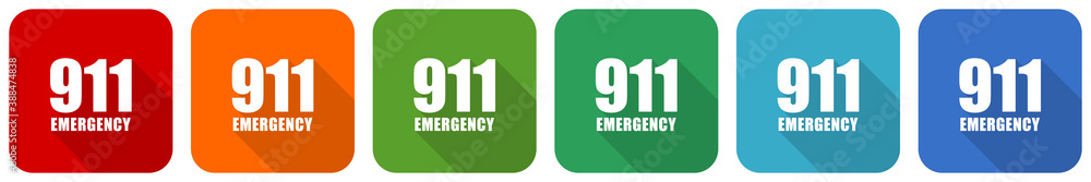 Poster number emergency 911 icon set, flat design vector illustration in 6 colors options for webdesign and