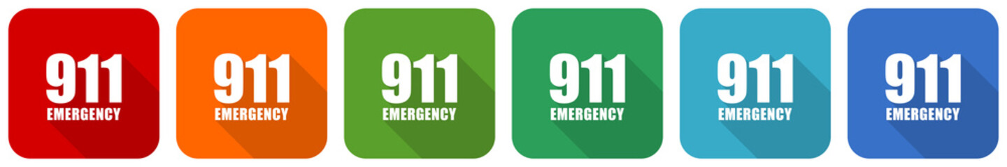Number emergency 911 icon set, flat design vector illustration in 6 colors options for webdesign and mobile applications