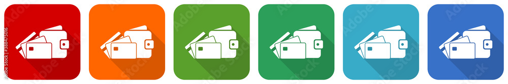 Poster wallet and credit cards, business icon set, flat design vector illustration in 6 colors options for 