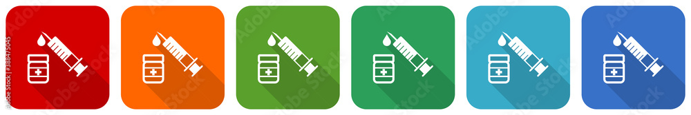Poster vaccine, syringe icon set, flat design vector illustration in 6 colors options for webdesign and mob