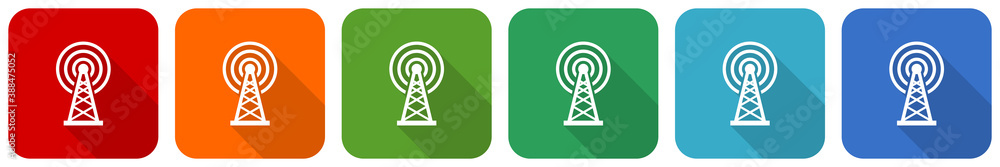 Poster Antenna, wireles communication icon set, flat design vector illustration in 6 colors options for webdesign and mobile applications