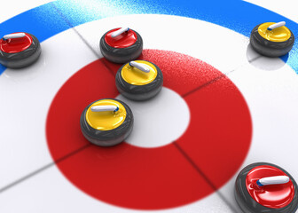 3D illustration of many red and yellow curling stones on ice. 3D illustration.