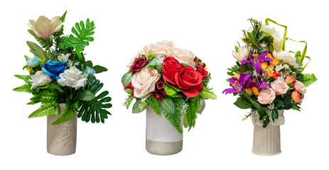 3 types of flowers in a vase  isolated on white background with clipping path