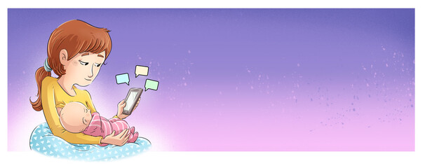 Mother breastfeeding her baby while looking at mobile