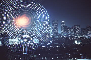 Brain hologram drawing on city scape background Double exposure. Brainstorming concept.