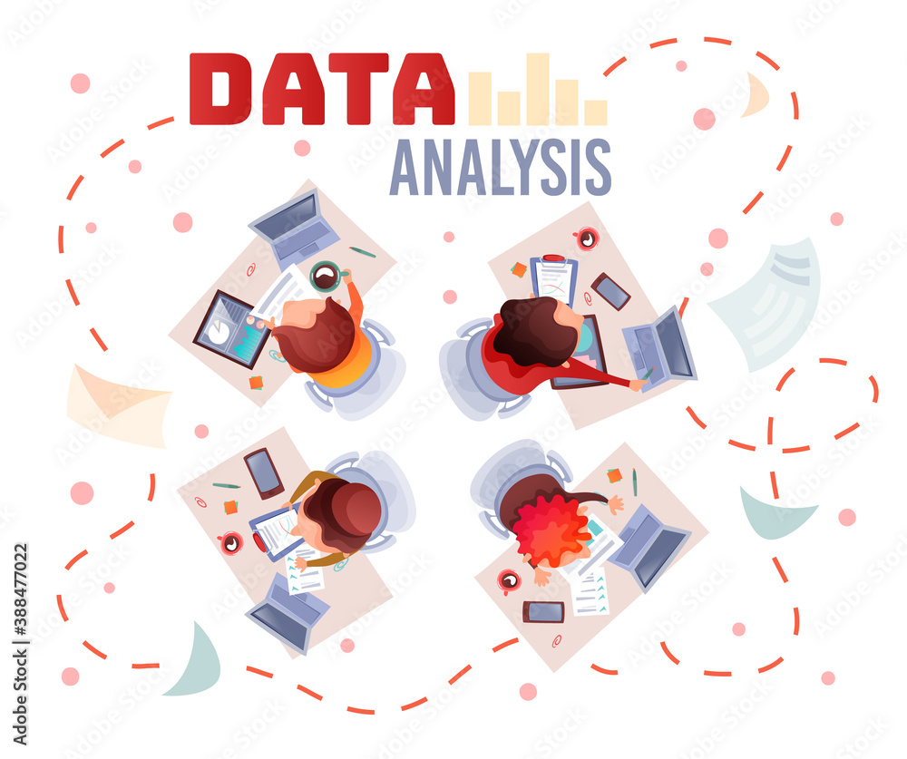 Poster concepts data analysis teamwork. a team of analysts holds a meeting and develops a marketing strateg