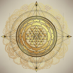 The Sri Yantra or Sri Chakra, form of mystical diagram, Shri Vidya school of Hindu tantra symbol. Sacred geometry vector design element. Vector illustration. Alchemy, occultism, spirituality.