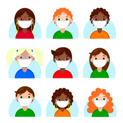 Multinational people avatars in protective face mask set. Characters with different hairstyles user online game icons. New normal health care. Stock vector flat cartoon illustration isolated on white.