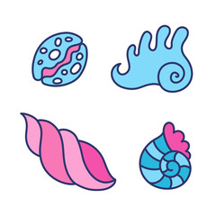 Different shells in naive style - isolated vectors. Four seashells, cartoon simple drawings. Perfect for print out for decoration of kids party, baby shower or a-la Under the Sea childish stickers
