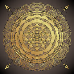 The Sri Yantra or Sri Chakra, form of mystical diagram, Shri Vidya school of Hindu tantra symbol. Sacred geometry vector design element. Vector illustration. Alchemy, occultism, spirituality.