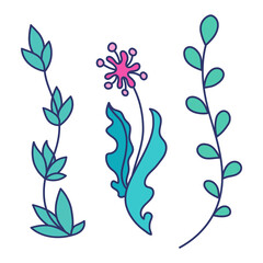 Three long green water plants in naive style. Isolated vectors. Simple cartoon stickers or design elements. Perfect for childish decoration of birthday, album or diary a-la Sea Life