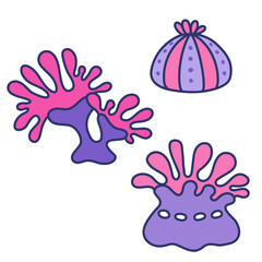 Anemone - isolated stickers or design elements for print. Cartoon simple style. Little live coral reefs for kids party decor a-la Under the Sea or childish game