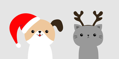 Obraz na płótnie Canvas Cute dog cat face in red Santa hat, deer horns. Merry Christmas. Funny kawaii baby animal set. Cute cartoon funny character. Puppy and kitten. Pet collection. Flat design. White background.