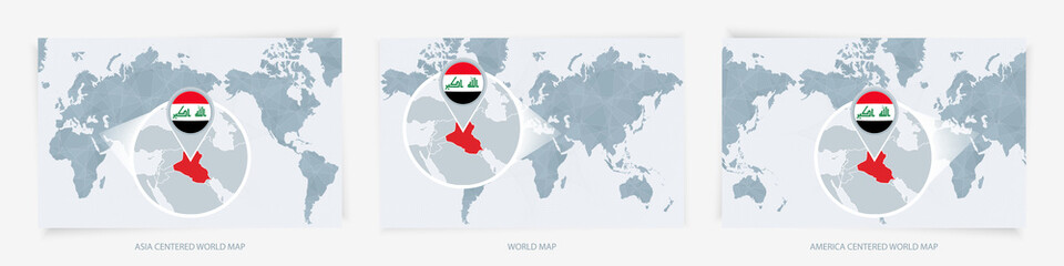 Three versions of the World Map with the enlarged map of Iraq with flag.