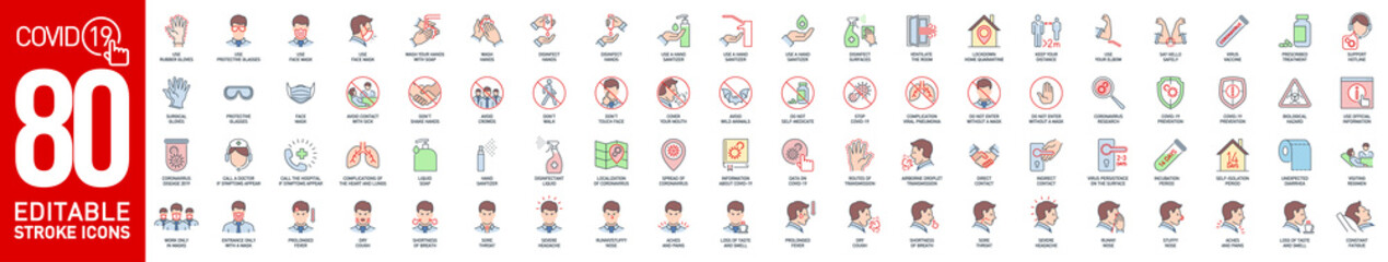 Prevention and symptoms Coronavirus Covid color line icons set isolated on white. Perfect outline medicine colorful symbol pandemic banner. colored design elements virus treatment with editable Stroke