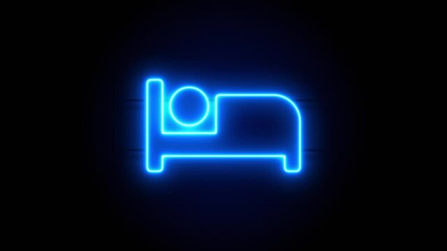 Bed neon sign appear in center and disappear after some time. Animated blue neon alphabet symbol on black background. Looped animation.