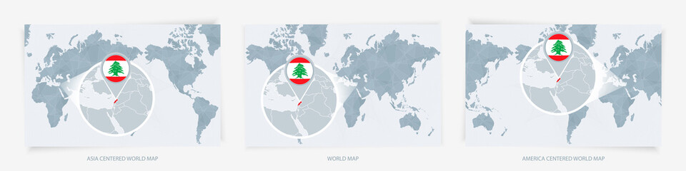 Three versions of the World Map with the enlarged map of Lebanon with flag.