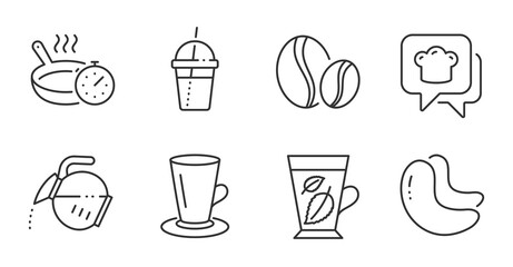 Cooking hat, Coffee pot and Coffee cocktail line icons set. Teacup, Cashew nut and Frying pan signs. Mint leaves symbol. Chef, Tea drink, Milkshake. Food and drink set. Quality line icons. Vector