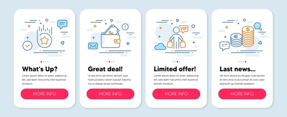 Set of Finance icons, such as Loyalty star, Wallet, Vip shopping symbols. Mobile screen banners. Currency line icons. Bonus reward, Usd cash, Exclusive privilege. Euro and usd. Vector